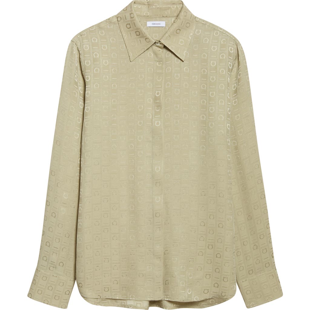 Ferragamo Gancini Jacquard Silk Button-up Shirt In Green