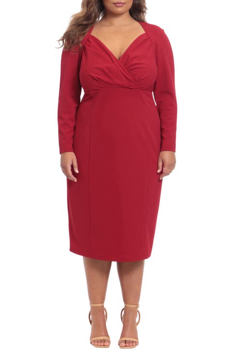 Tucked Long Sleeve Midi Sheath Dress (Plus Size)