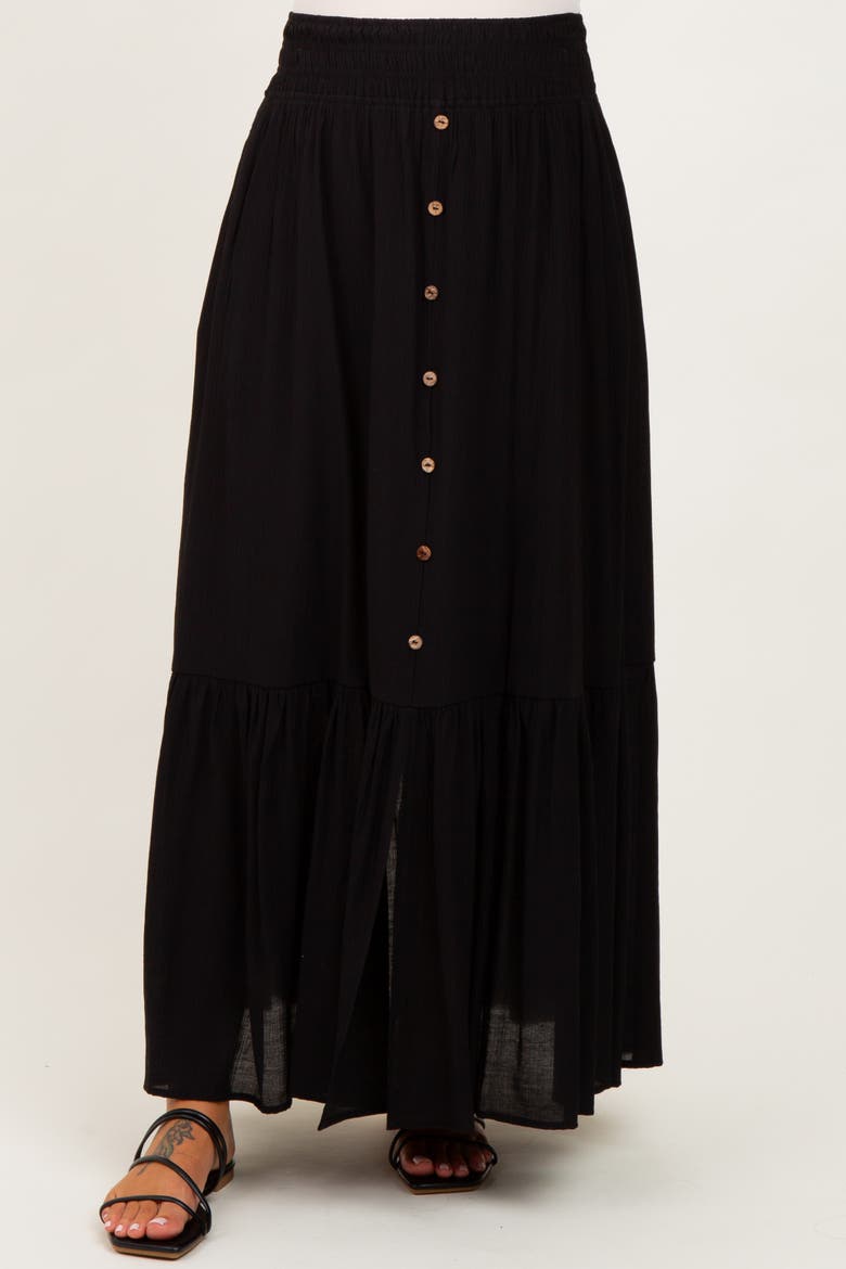 Smocked Waist Button Accent Maxi Skirt, Alternate, color, Black