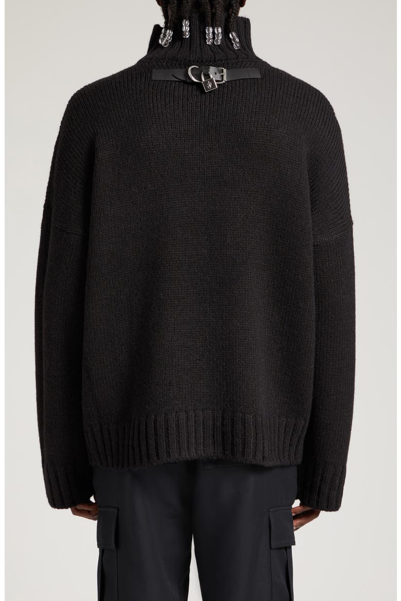 Oversize Padlock Detail Leather Patch Pocket Mock Neck Sweater, Alternate, color, BLACK