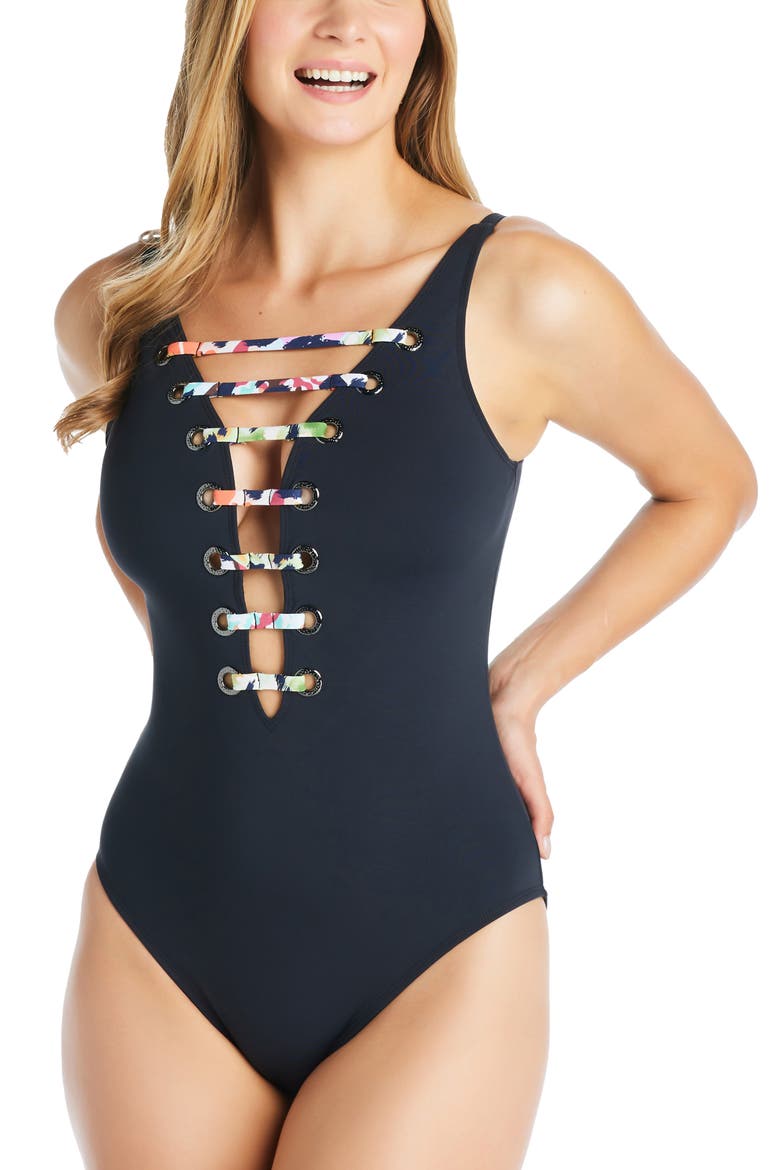 Party Animal Plunge Neck One-Piece Swimsuit, Alternate, color, BLACK