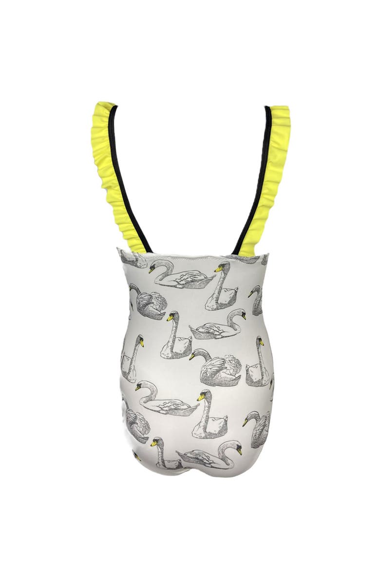 Kids' Swan Print Ruffle One-Piece Swimsuit, Alternate, color, White