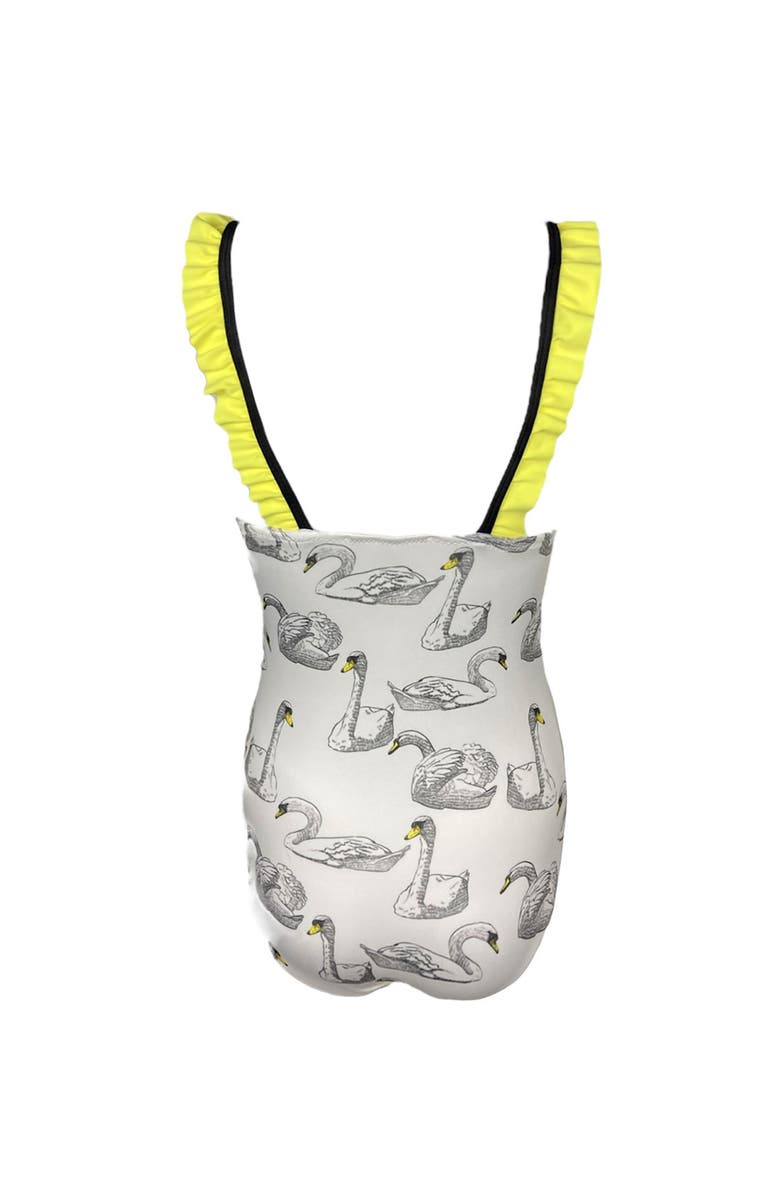 NESSI BYRD Kids' Swan Print Ruffle One-Piece Swimsuit, Alternate, color, White