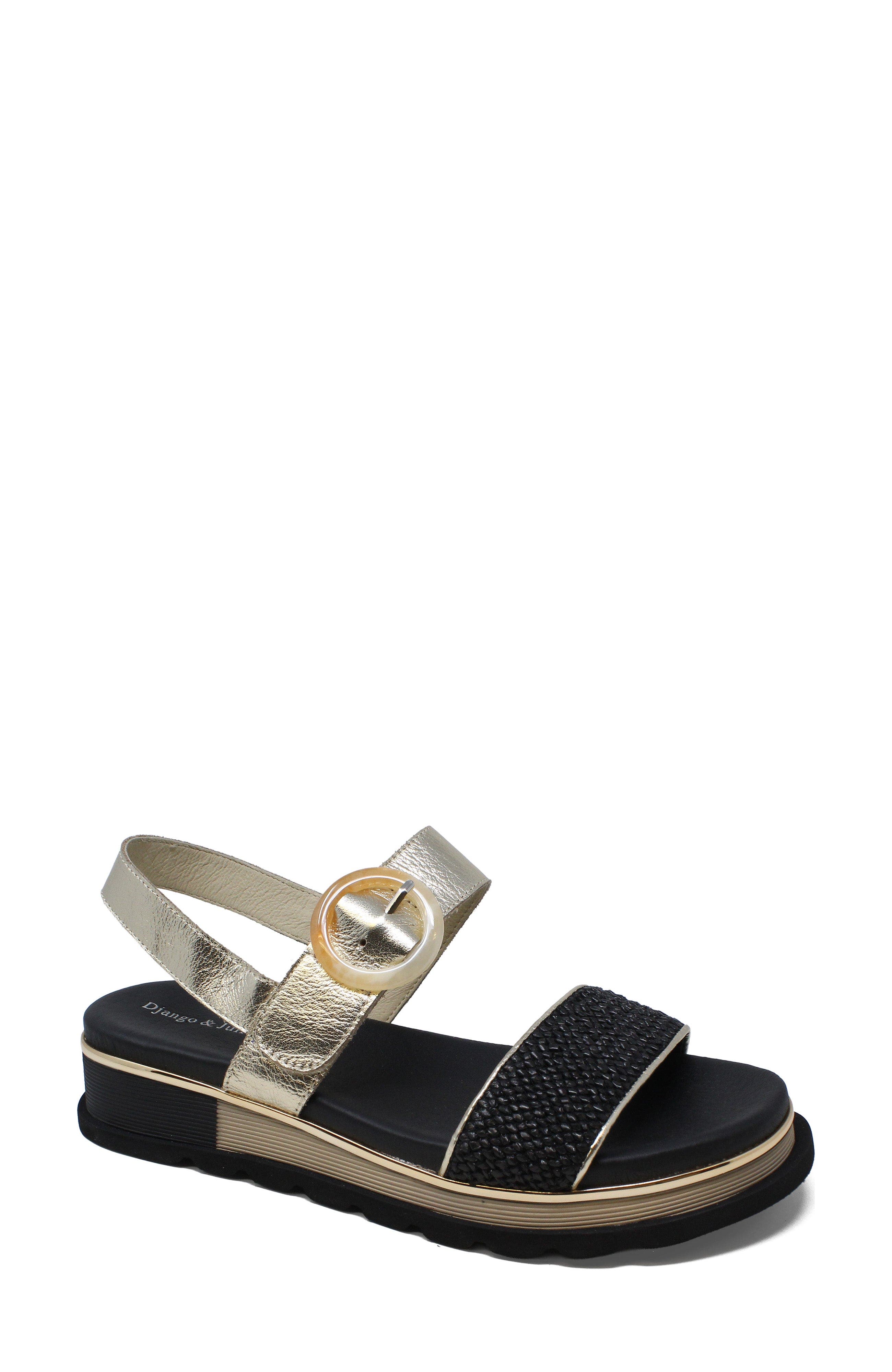DJANGO AND JULIETTE Chaviva Backstrap Sandal, Main, color, Black-Gold Syn Raffia