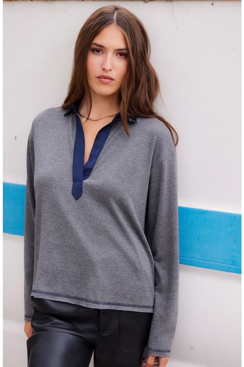 Kendall Sequin Collar Top, Alternate, color, DARK HEATHER GRAY