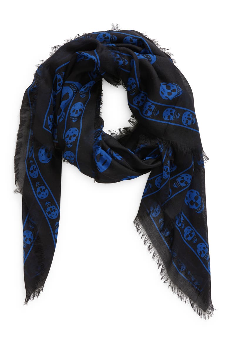 Alexander McQueen Skull Print Modal & Silk Scarf, Main, color, BLACK/ OCEAN BLUE