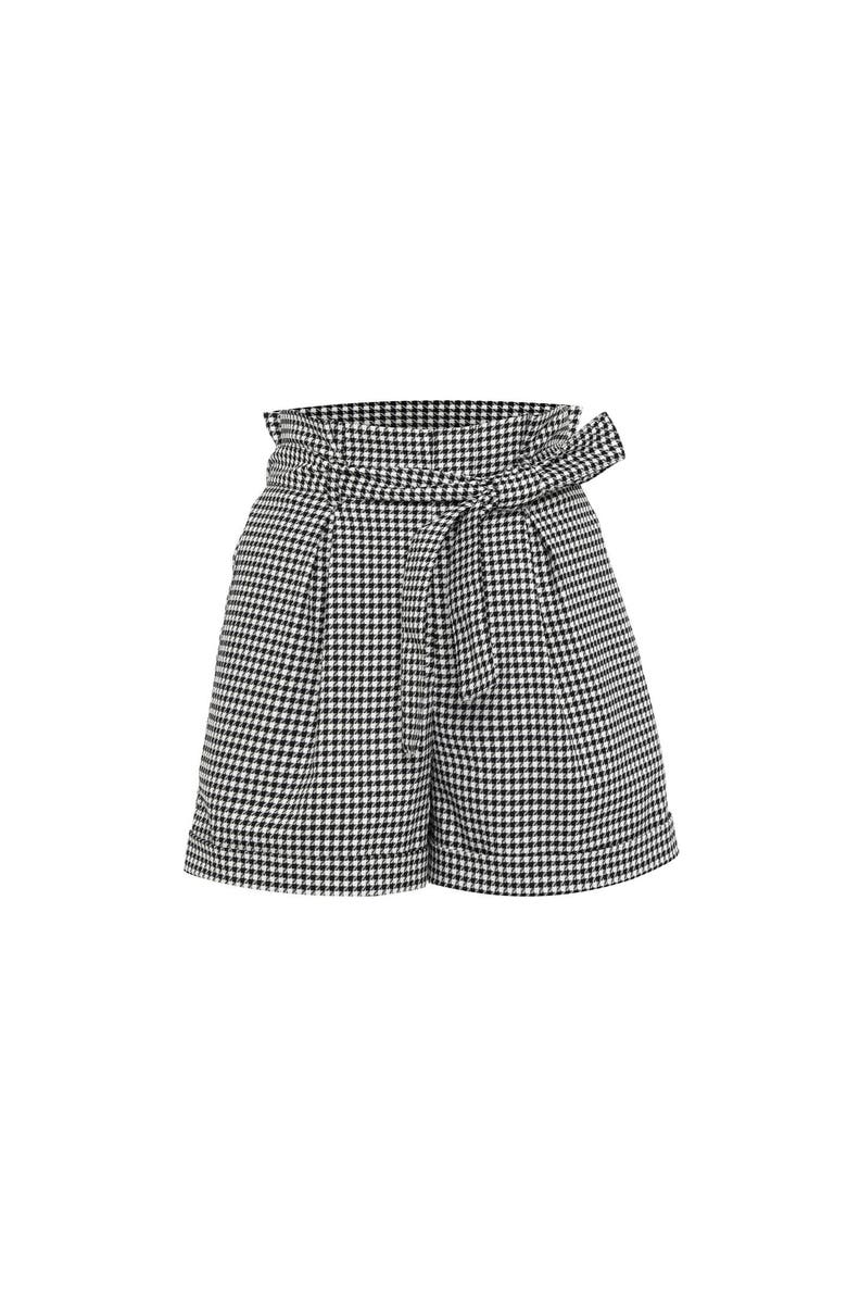 THEO The Label Erato Paper Bag Houndstooth Short, Main, color, Black/White
