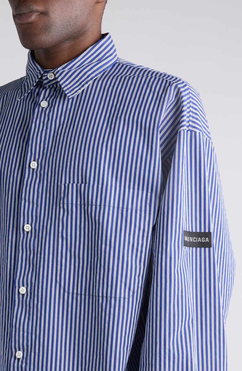 Balenciaga Oversize Stripe Cotton Blend Button-Up Shirt, Alternate, color, Navy/ White