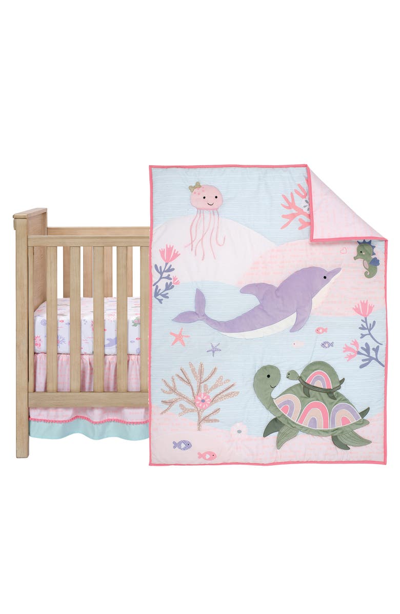 Lambs & Ivy Sea Dreams 3-Piece Dolphin/Turtle Nautical Baby Crib Bedding Set, Main, color, Pink Multicolor