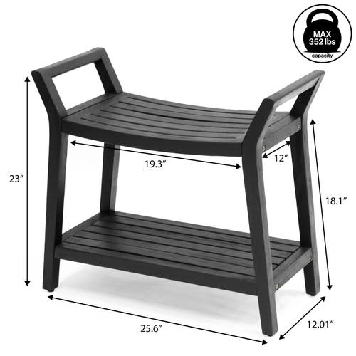 Jonathan Y Orla 25.6" Modern Classic Slatted Solid Acacia Wood Indoor/outdoor Shower Bench With Shel In Black