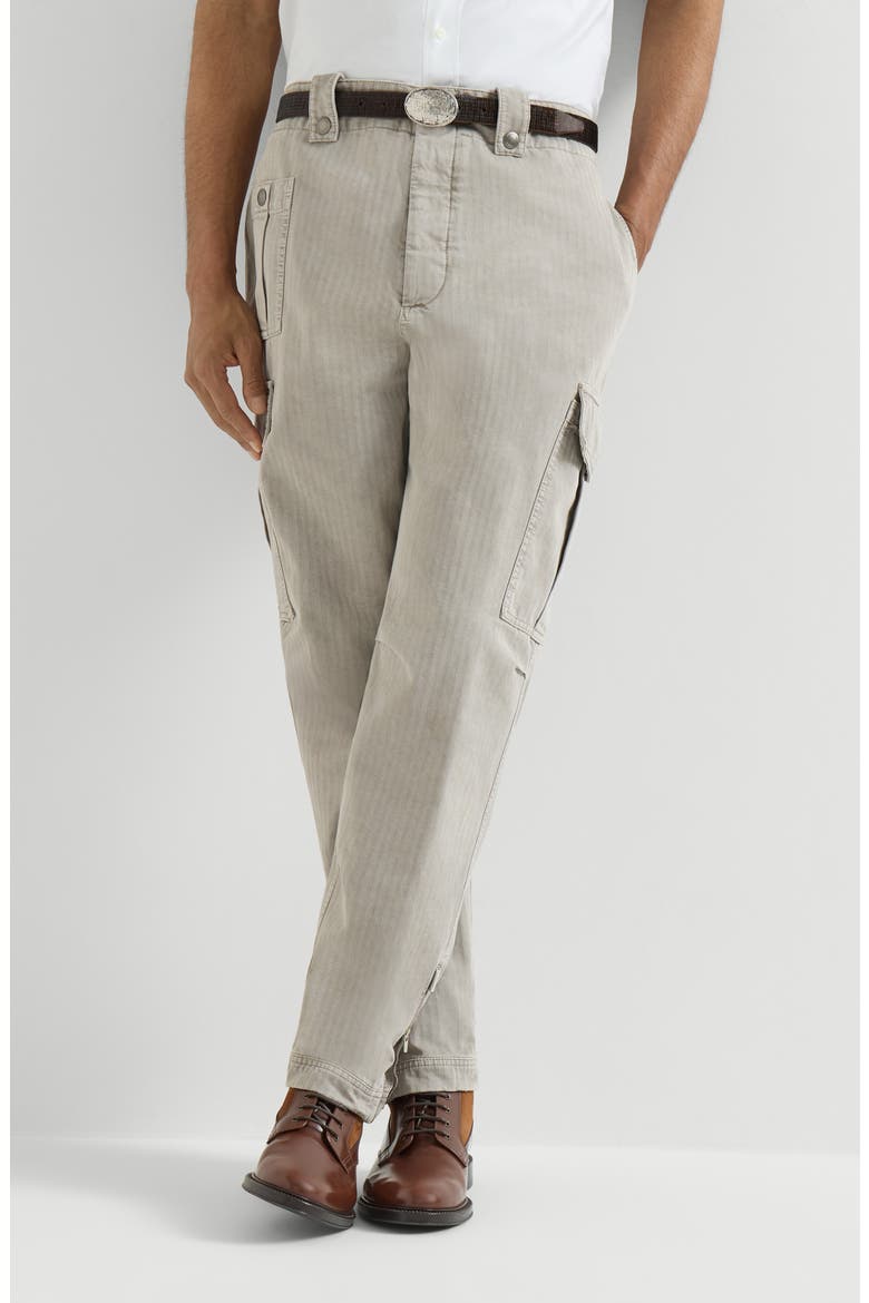 Garment-dyed multipocket cargo trousers in cotton chevron with zippers, Main, color, Grey
