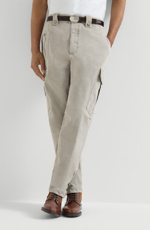 Garment-dyed multipocket cargo trousers in cotton chevron with zippers
