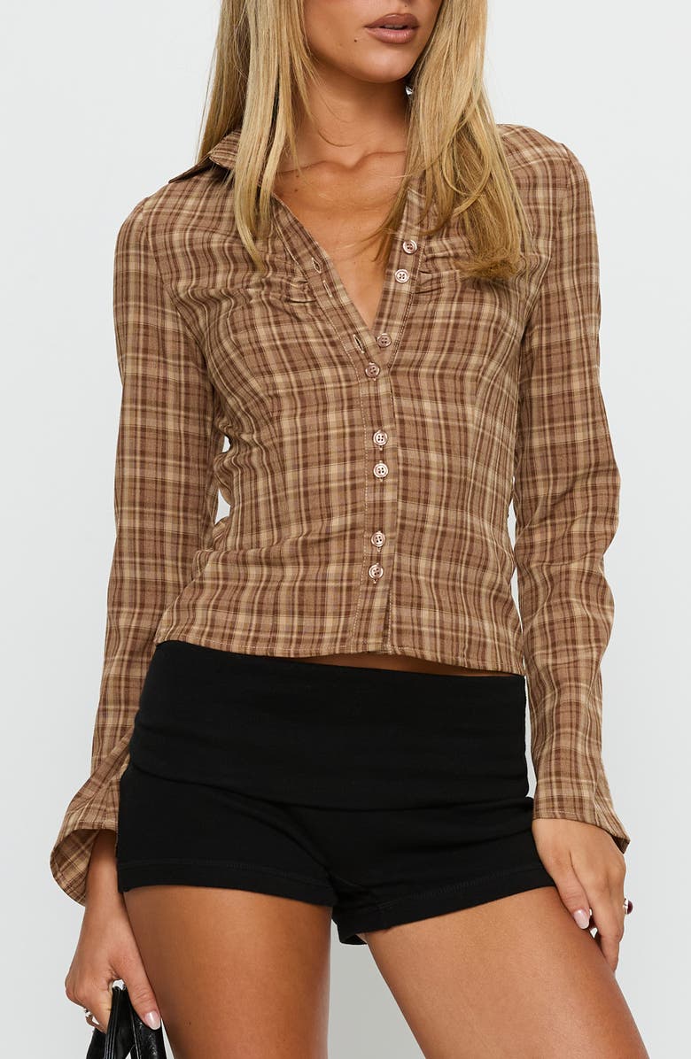 Princess Polly Arianwyn Plaid Button-Up Shirt, Main, color, Brown Check
