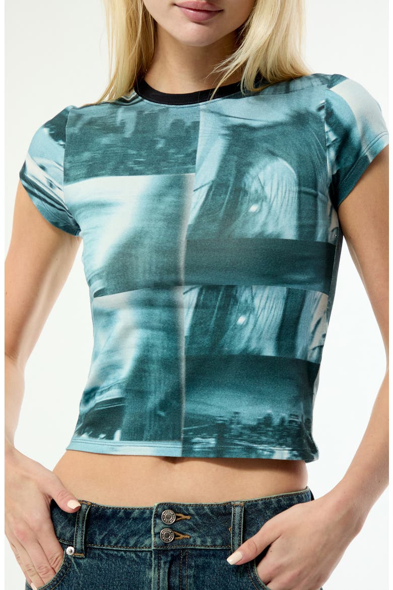 Cityscape Graphic Knit Cotton Blend Crop T-Shirt, Alternate, color, TEAL MULTI