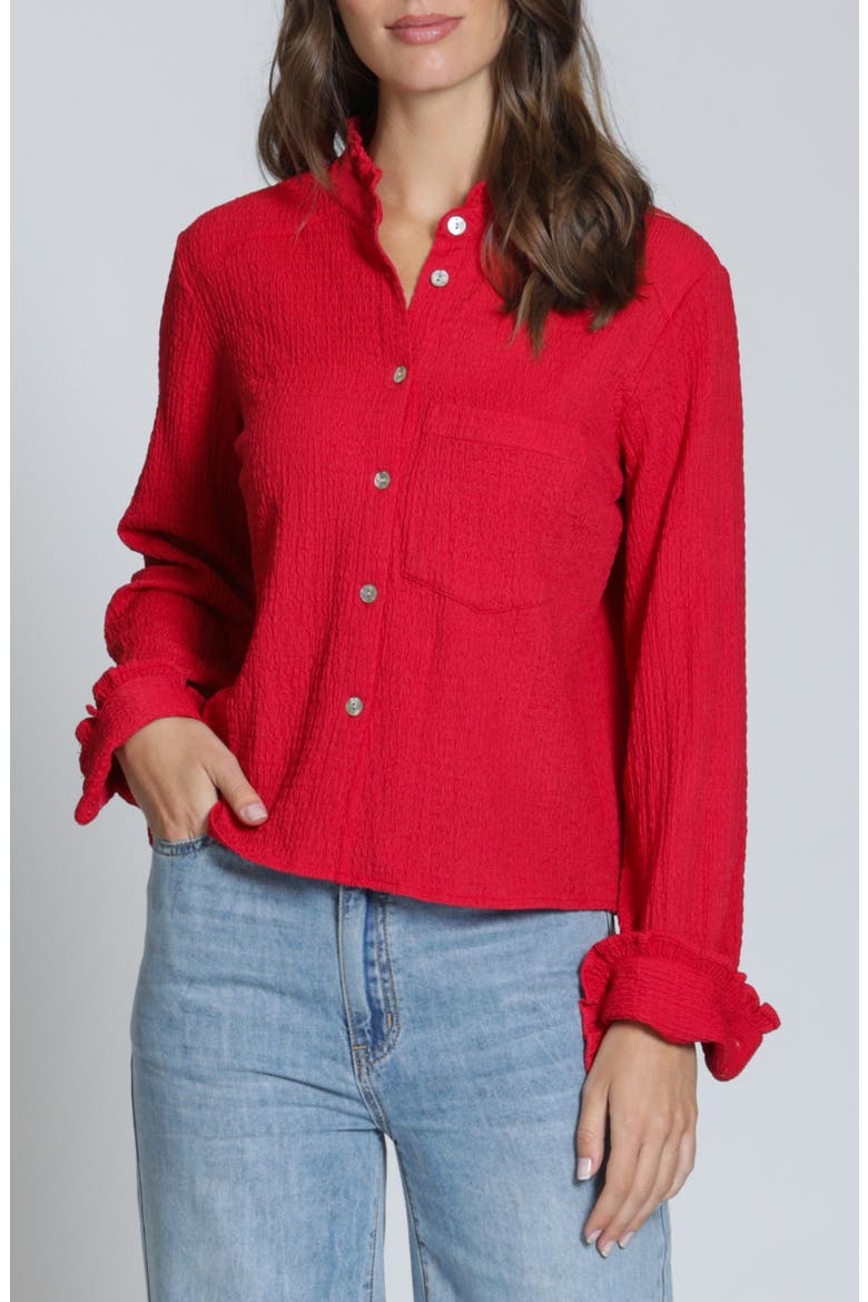 Ruffle Long Sleeve Crop Button-Up Shirt, Main, color, RED