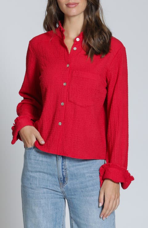 Ruffle Long Sleeve Crop Button-Up Shirt