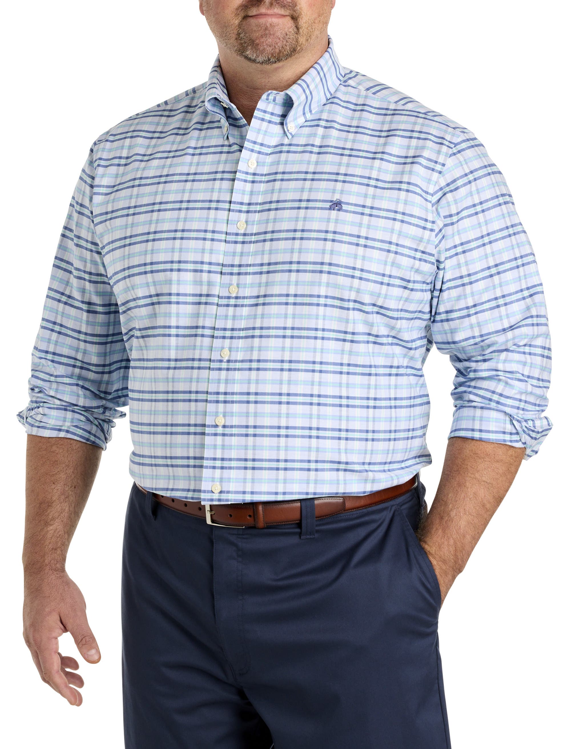 B+T Essentials Fit by Dxl Big & Tall  Non-Iron Plaid Oxford Sport Shirt in Hydrangea Navy 