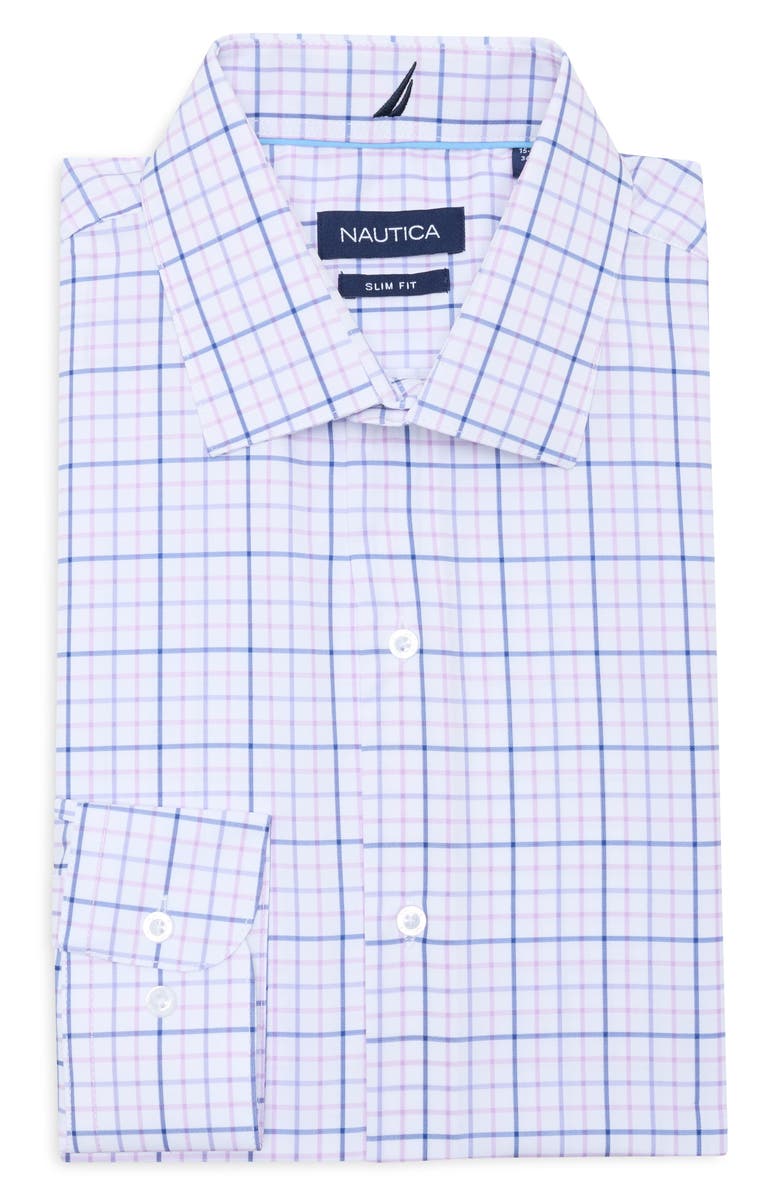 Nautica Slim Fit Plaid Dress Shirt, Main, color, White/ Navy