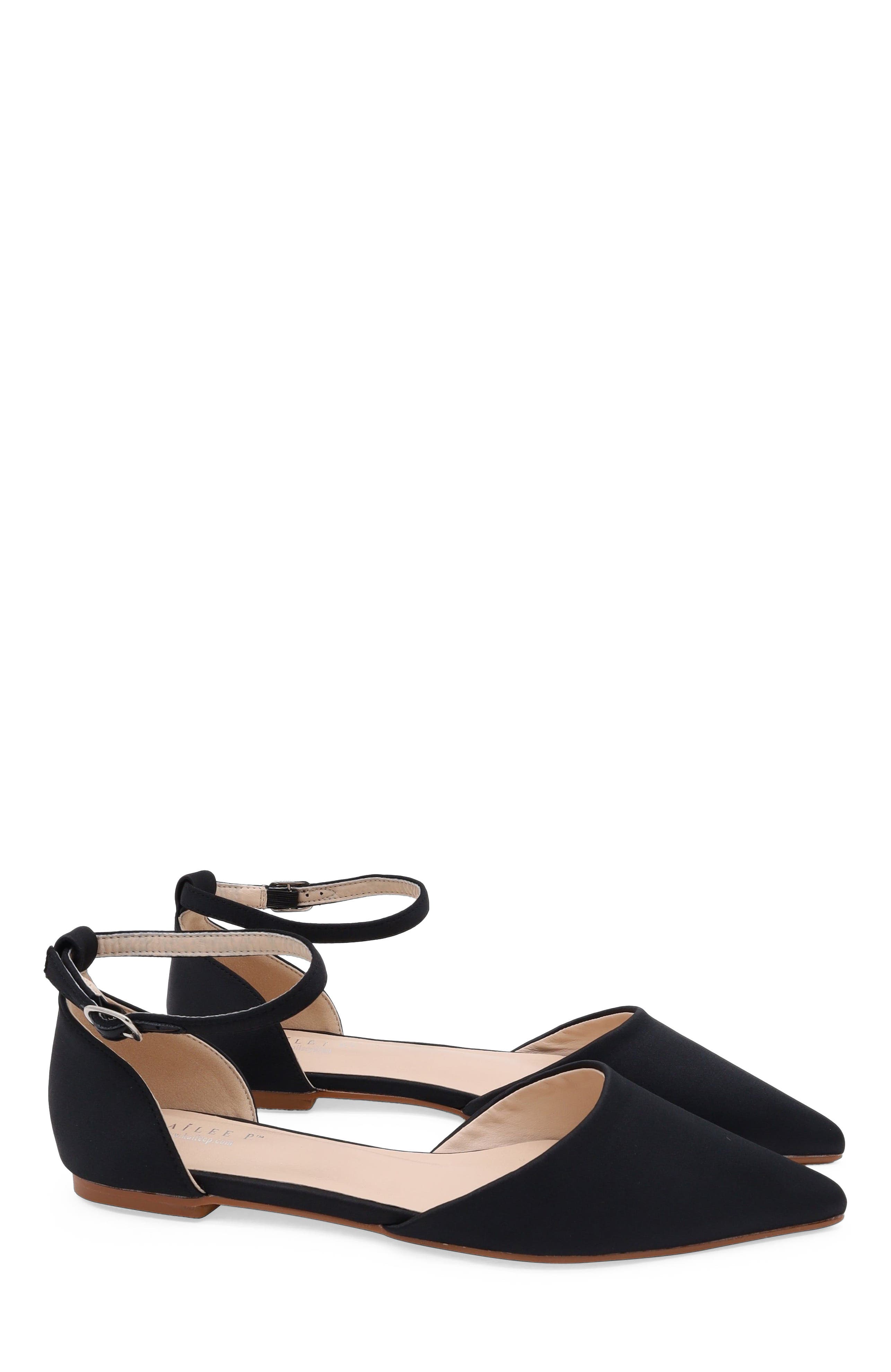 Kailee P Bella Satin Pointy Toe Flats with Ankle Strap, Main, color, Black