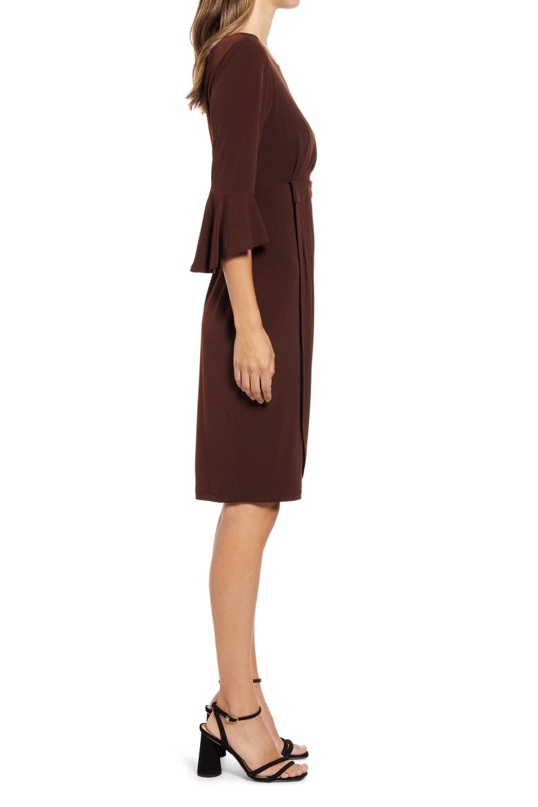 Ruched Bell Sleeve Faux Wrap Cocktail Dress, Alternate, color, COFFEE