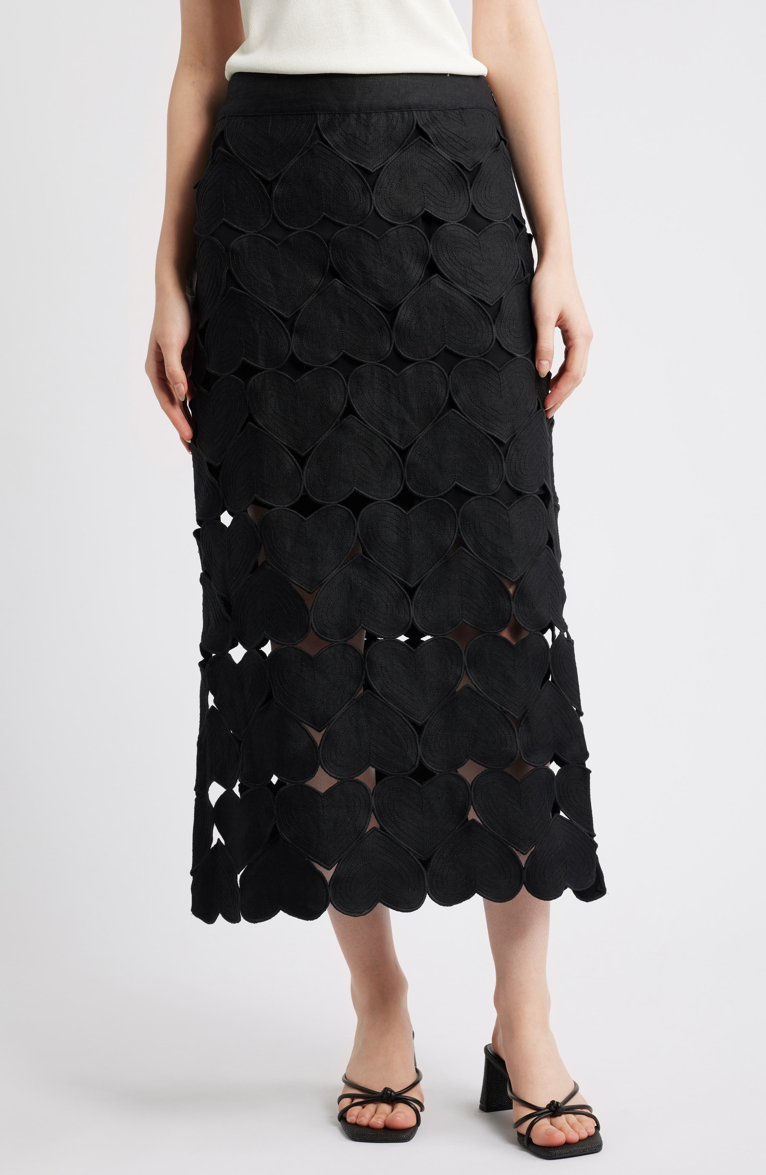 Black Hearts Linen Midi Skirt