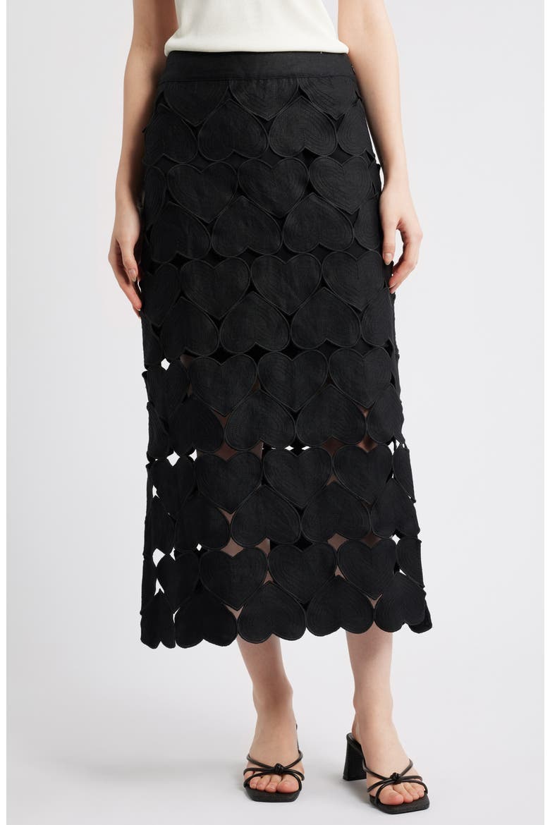 Black Hearts Linen Midi Skirt, Main, color, BLACK