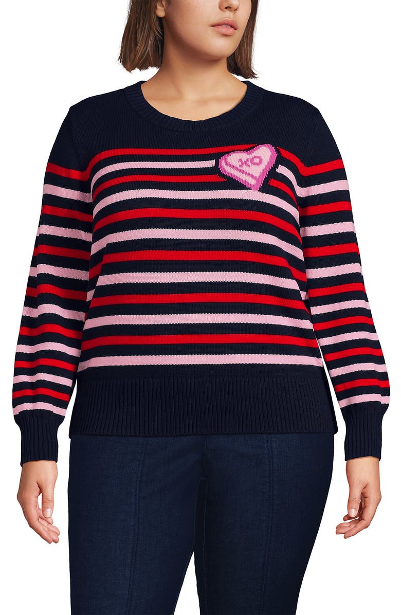 Lands' End Drifter Set in Sleeve Crew Neck Sweater, Main, color, Candy Heart/Navy/Red Stripe