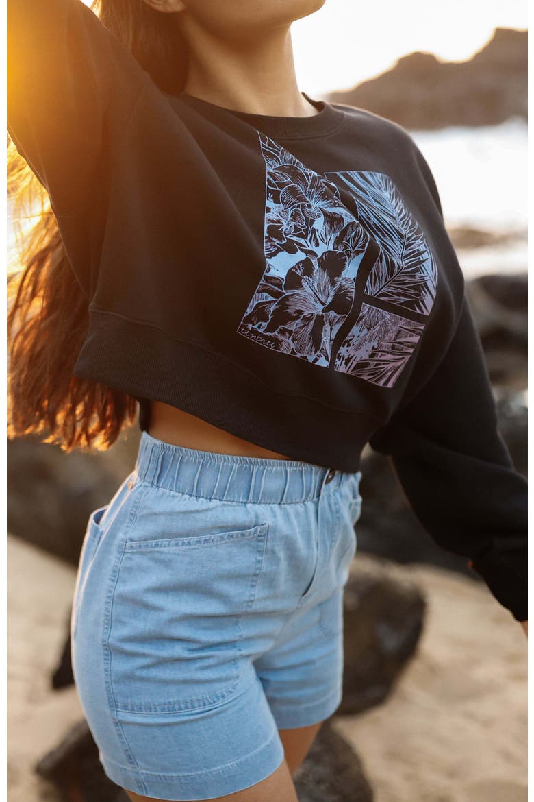 Framed Haitian Blooms Oversized Crop Crew, Alternate, color, Meteorite Black/Pink Sand