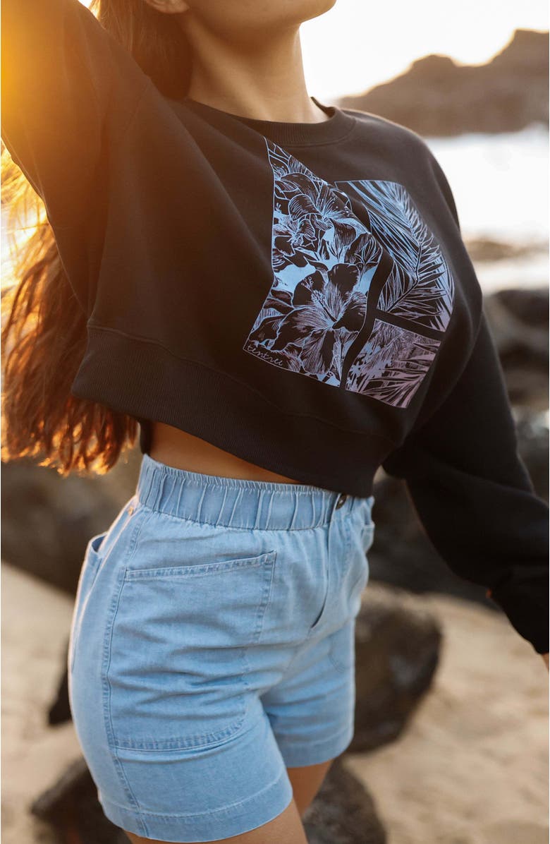 tentree Framed Haitian Blooms Oversized Crop Crew, Alternate, color, Meteorite Black/Pink Sand