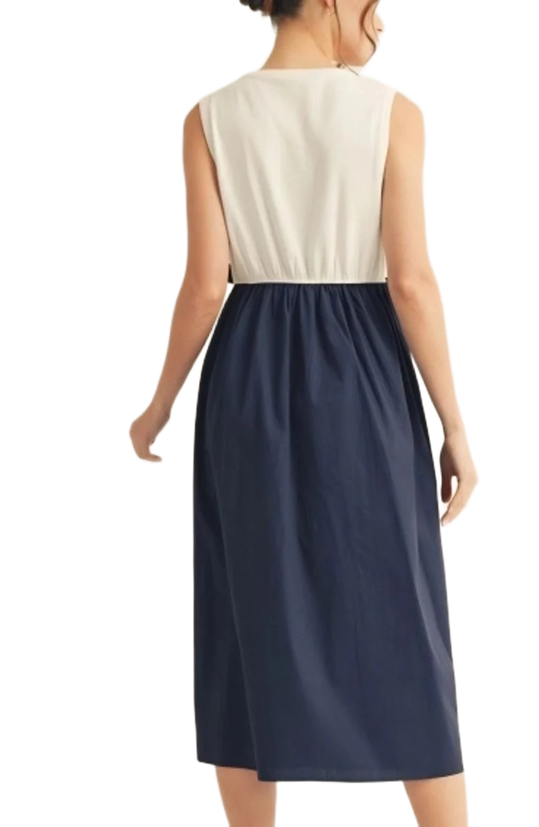 Knit and Lounge Sleeveless Contrast Midi Dress with Waist Bow Tie and Pockets, Alternate, color, White / Navy