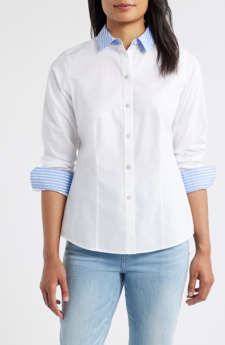 Foxcroft Dianna Stripe Button-Up Shirt, Main, color, White Blue