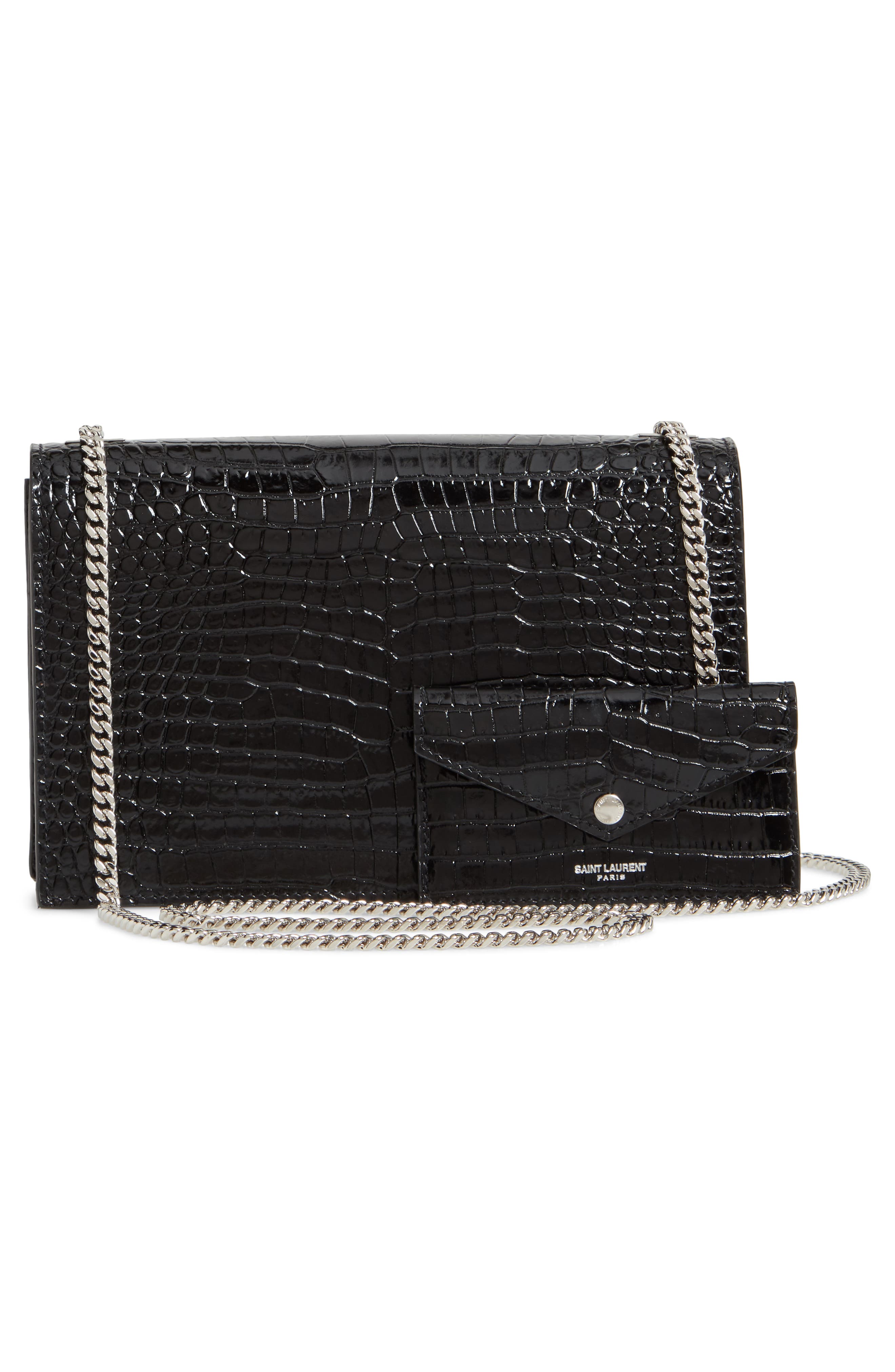 Saint Laurent Gray Croc Embossed Calfskin Leather Shoulder Bag, Alternate, color, 