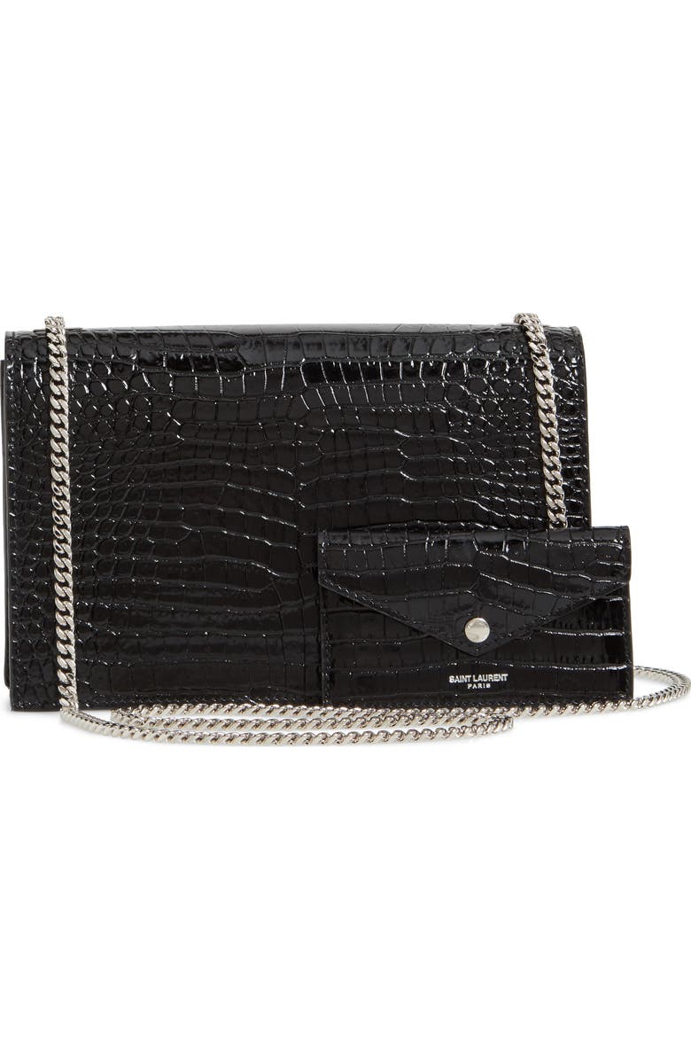 Saint Laurent Gray Croc Embossed Calfskin Leather Shoulder Bag, Alternate, color,