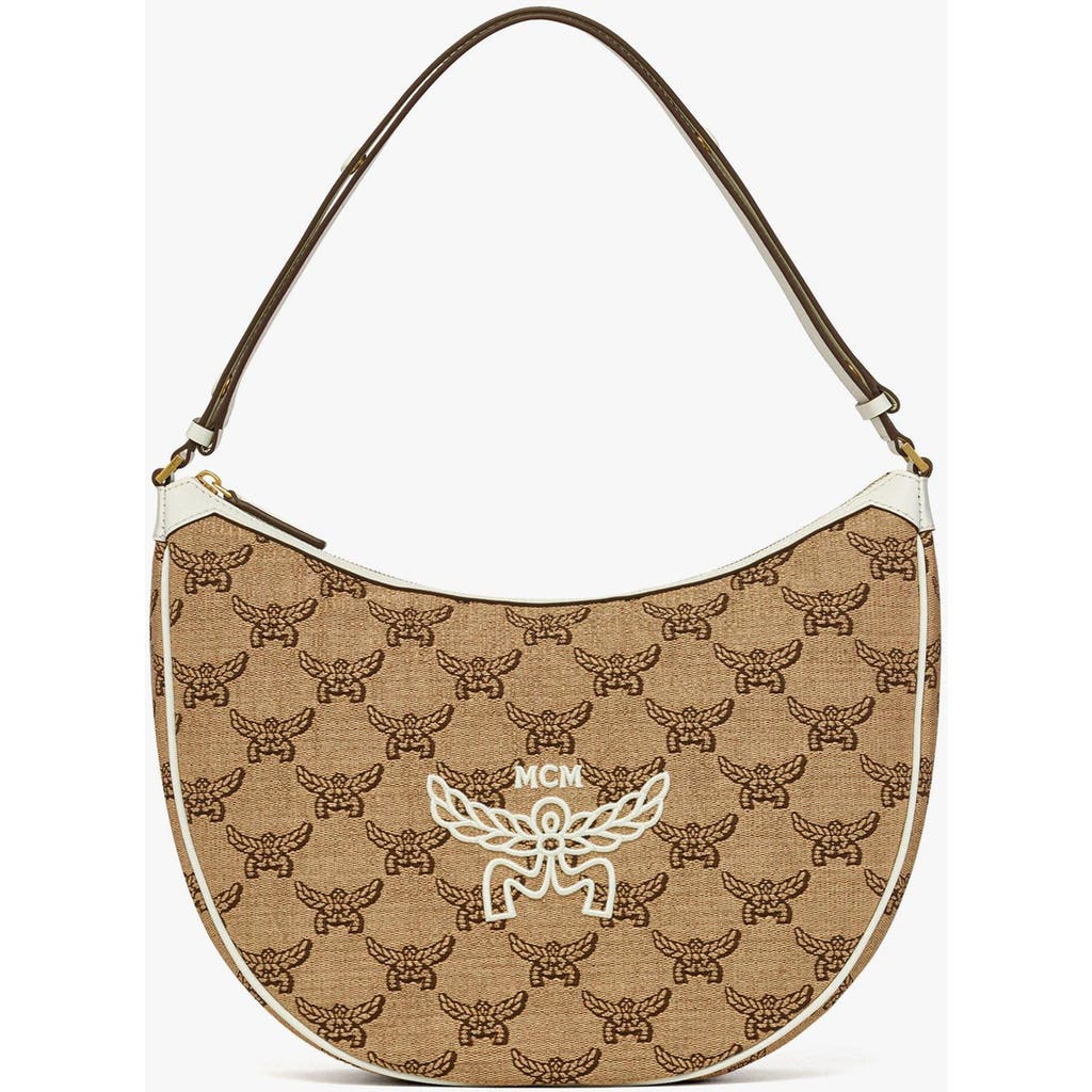 Mcm Women Embroidered Raffia Himmel Ascending Moon Shoulder Bag In Beige