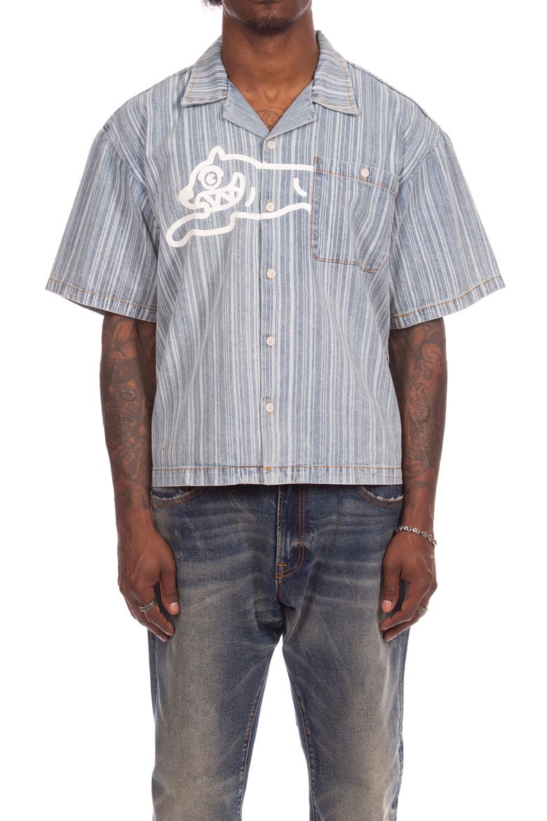 Float Running Dog Denim Graphic Camp Shirt, Main, color, BLUE STRIPE
