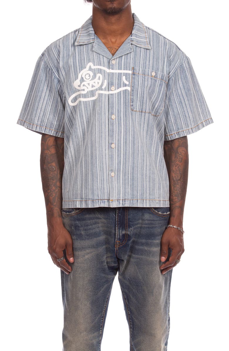 ICECREAM Float Running Dog Denim Graphic Camp Shirt, Main, color, Blue Stripe