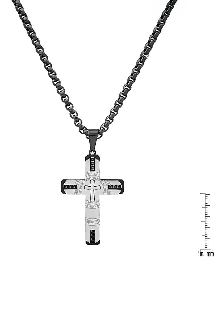 Men's Two-Tone Stainless Steel Etched Cross Pendant Necklace, Alternate, color, SILVER/ BLACK