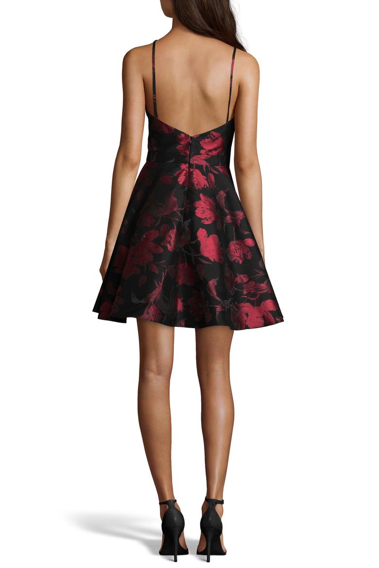 Xscape Halter Neck Brocade Fit and Flare Party Dress, Alternate, color, BLACK/ RED