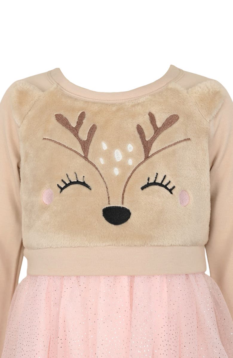 Zunie Kids' Reindeer Embroidered Twofer Dress, Alternate, color, Tan/ Blush