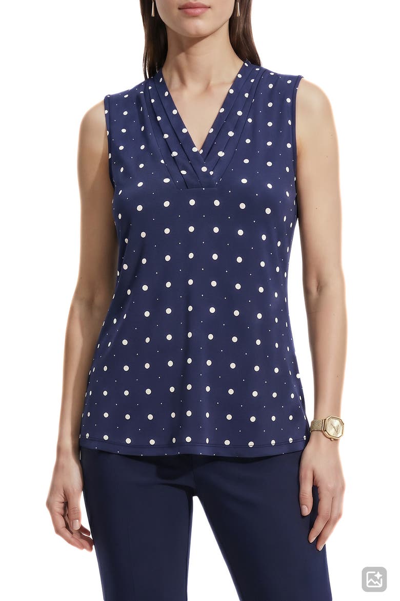 Polka Dot Triple Pleat Sleeveless Top, Main, color, DISTANT MOUNTAIN/ ANNE WHITE