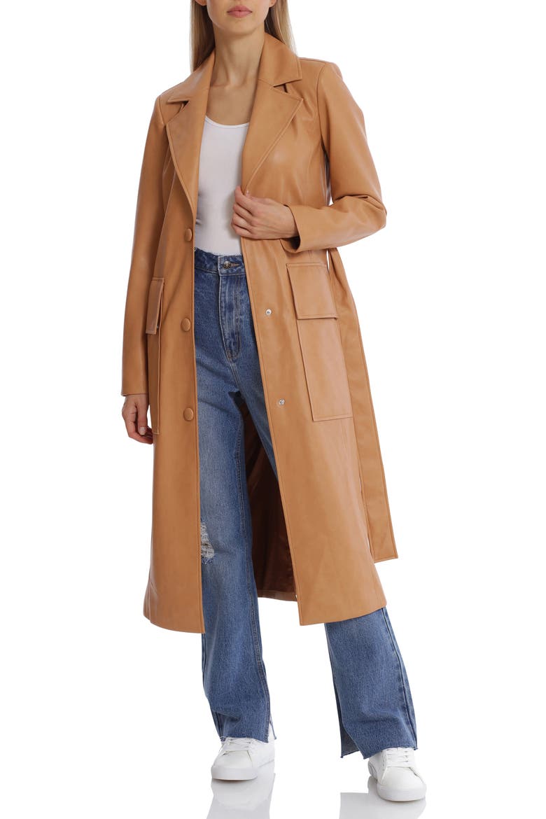 Belted Faux Leather Trench Coat, Main, color, BISCOTTI