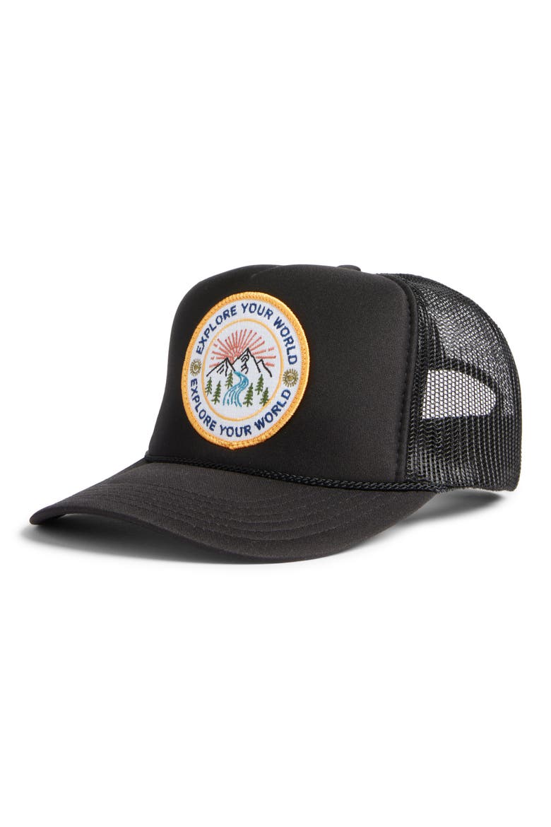 Explore Your World Trucker Hat, Main, color, BLACK
