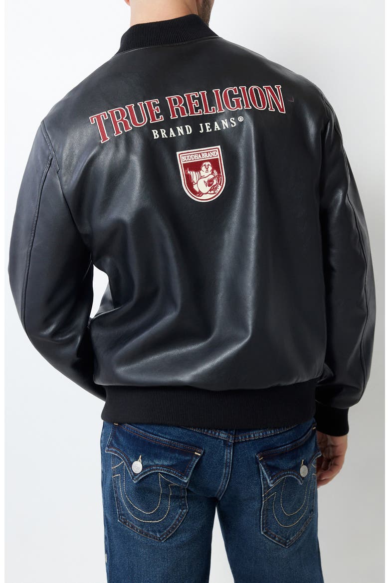 Faux Leather Varsity Jacket, Alternate, color, JET BLACK