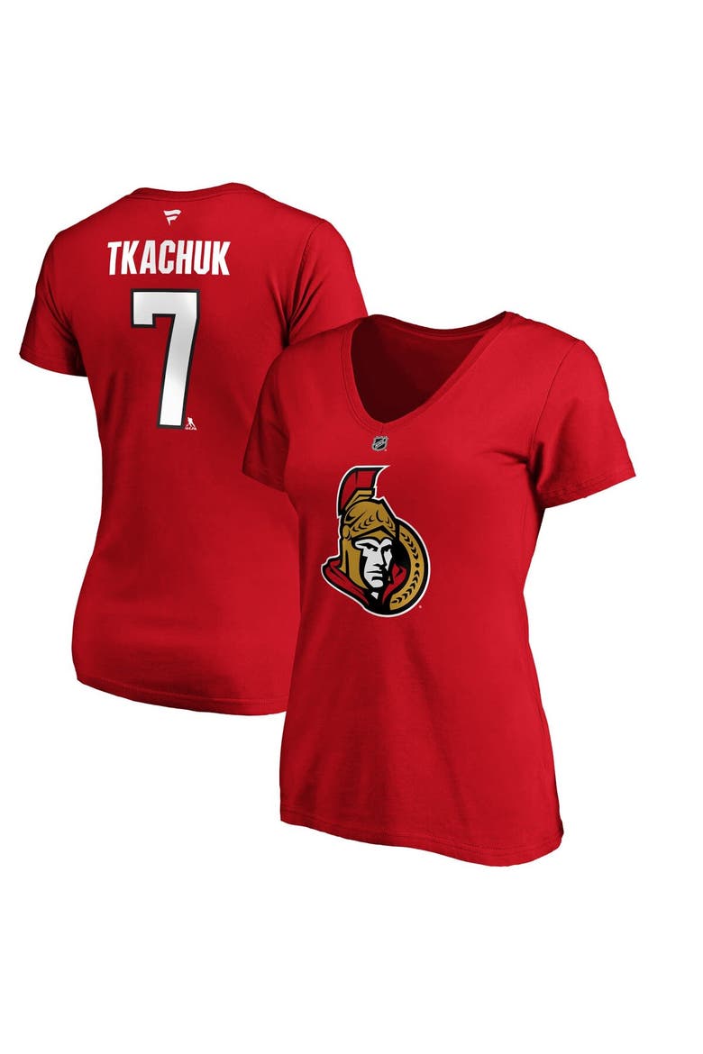 Women's Fanatics Branded Brady Tkachuk Red Ottawa Senators Authentic Stack Name & Number V-Neck T-Shirt, Main, color, Red