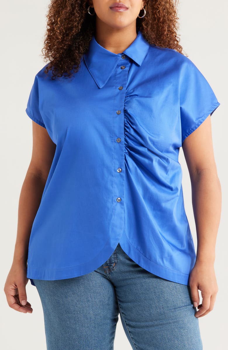 HARSHMAN Lily Asymmetric Ruched Button-Up Shirt, Main, color, Royal Blue