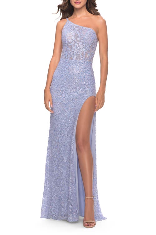 La Femme Beaded Lace One Shoulder Dress With Unique Lace Up Back In Purple