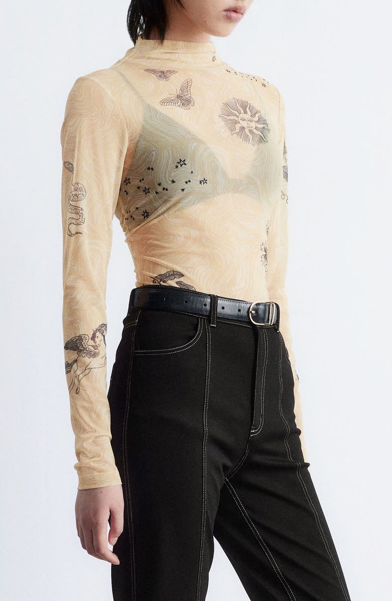& Other Stories Mixed Print Funnel Neck Sheer Mesh Top, Alternate, color, White Dusty Light