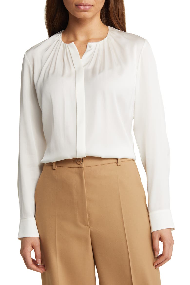 Banorah Pleat Neck Stretch Silk Blouse, Main, color, OPEN WHT