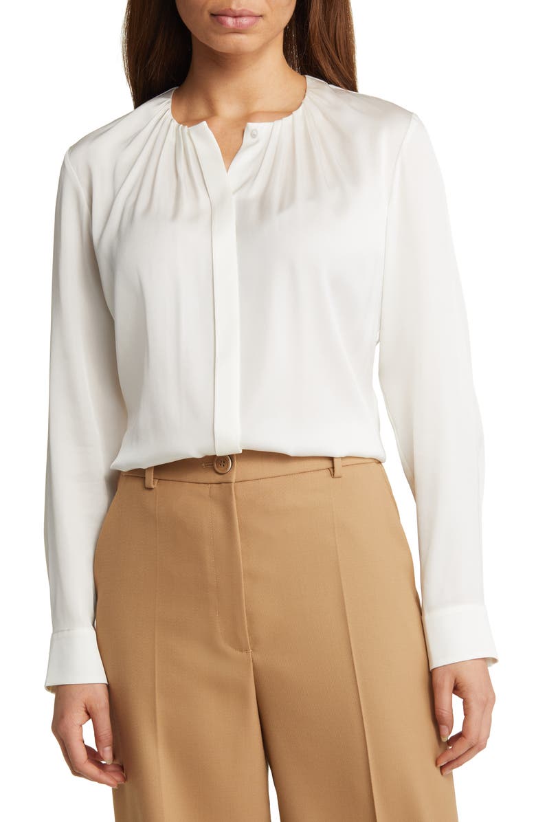 BOSS Banorah Pleat Neck Stretch Silk Blouse, Main, color, Open Wht