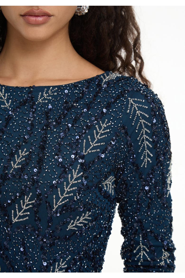 Modest Embellished Sequin Beaded Dress Maxi With Detailed Work, Alternate, color, NAVY